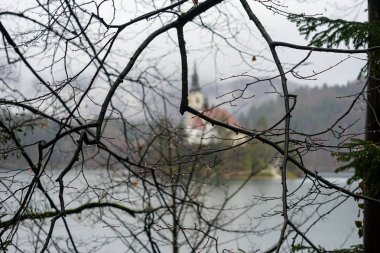 Bled Gölü ve Bled göl Adası manzarası, tarihi kent