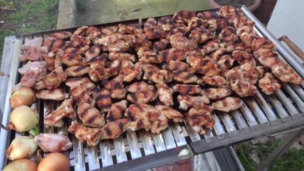 Kippenvleugels Gehaktballetjes Barbecue Grill — Stockvideo