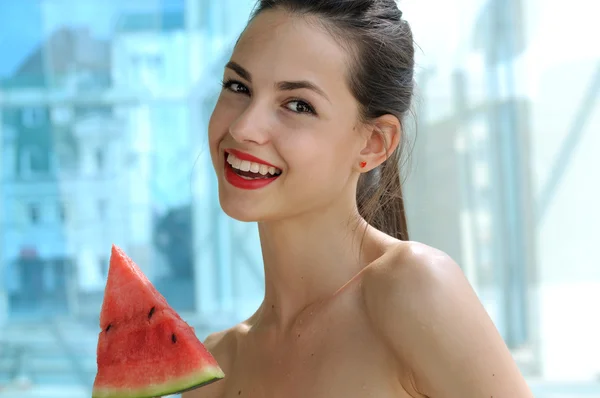 Beautiful girl enjoying life with watermelon — Stock Photo, Image