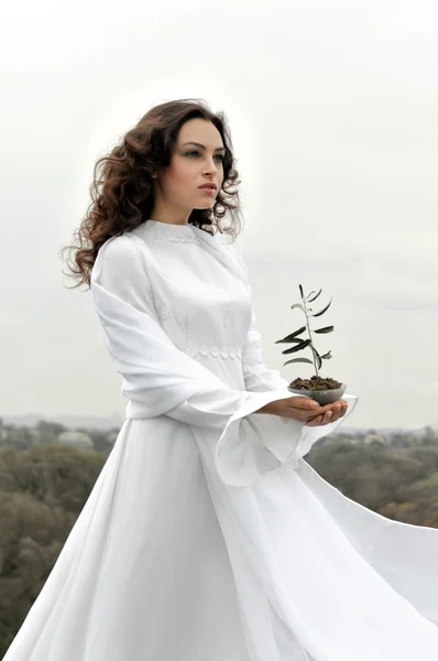 Girl who stands on a hill holding little sprout in her hands — Stock Photo, Image