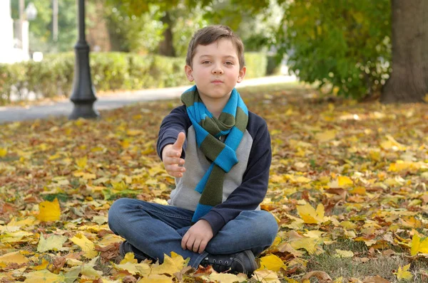Ragazzo che fa esercizio di meditazione sedersi nelle foglie gialle autunno — Foto Stock