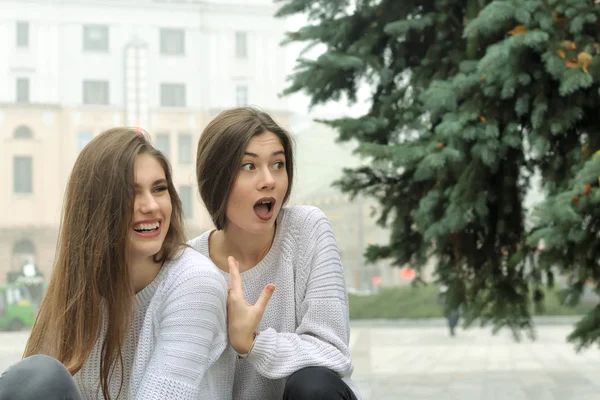 Twee vriendinnen lachen met verrassing, iets grappig te zien — Stockfoto