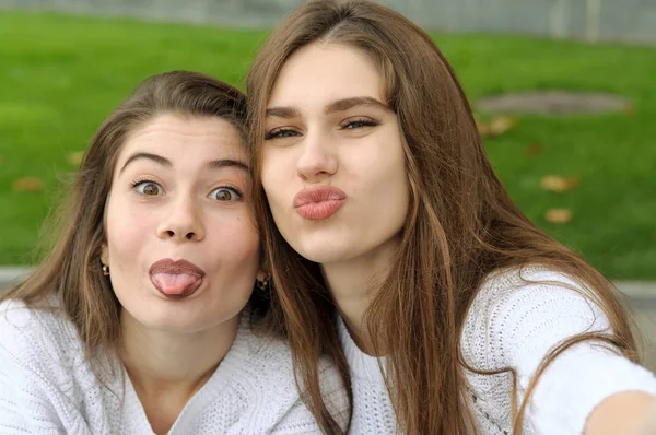 Δύο φίλες δείχνουν τη γλώσσα τους κάνοντας μια selfie φωτογραφία — Φωτογραφία Αρχείου