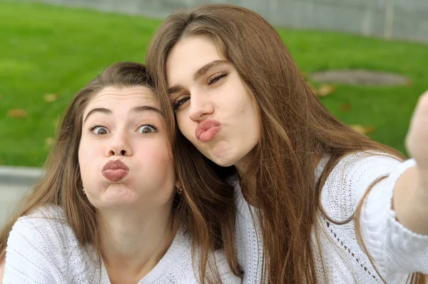 Two friends inflated cheeks while doing selfie photo — Stock Photo, Image