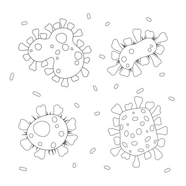 Bulaşıcı bakteri ve biyolojik virüs ikonları. Mikrop ve bakterilerin düz çizimi. Beyaz arkaplanda bir mikroorganizma ya da alerji resmi.