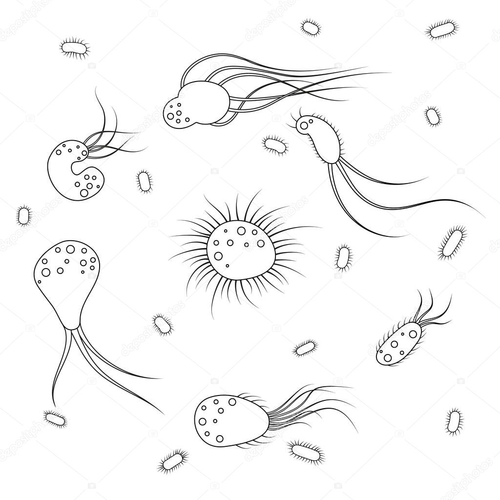 Icons of infectious bacteria and biological viruses. Flat cartoon illustration of microbes and bacteria. A microorganism and allergen pictured on a white background.
