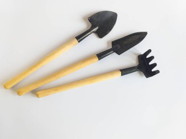 Bahçe aletleri: tırmık ve kürek. Beyaz arka planda ayrı ayrı. Minyatür bahçe aletleri, beyaz arka planda ahşap saplı. Soda tarımı ve tarım kavramı. Metin için yer. 
