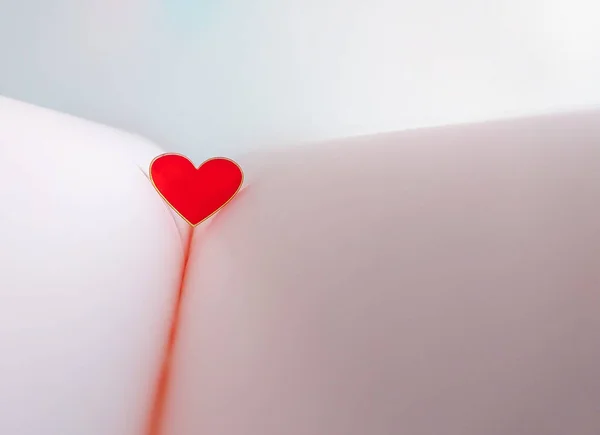 Soluk Pembe Arka Planda Kırmızı Cam Bir Kalp Yatar Açık — Stok fotoğraf