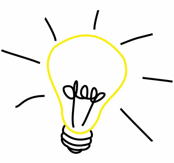 灯泡的简单涂鸦 一个想法的象征 黄色的框架在白色的背景上闪闪发光 灯泡矢量绘图 突然的想法 洞察力的载体 结论和建议 — 图库矢量图片