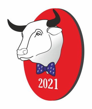 Oval bir madalyonda beyaz bir boğanın kafası. 2021 yılının sembolü. Kırmızılı bir boğa sarı arka planda papyon. Yeni yılın amblemi, refah ve refah renkleriyle.