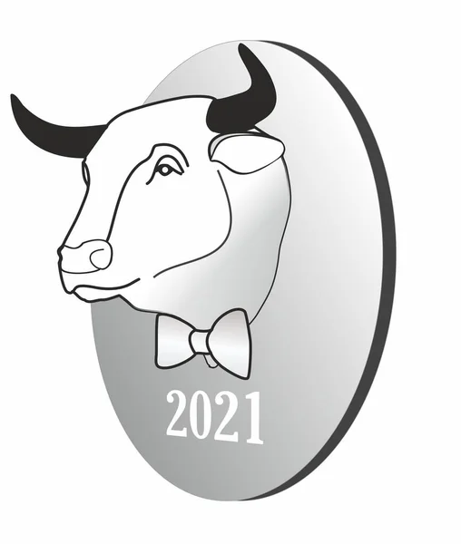 Oval Bir Madalyonda Beyaz Bir Boğanın Kafası 2021 Yılının Sembolü — Stok fotoğraf