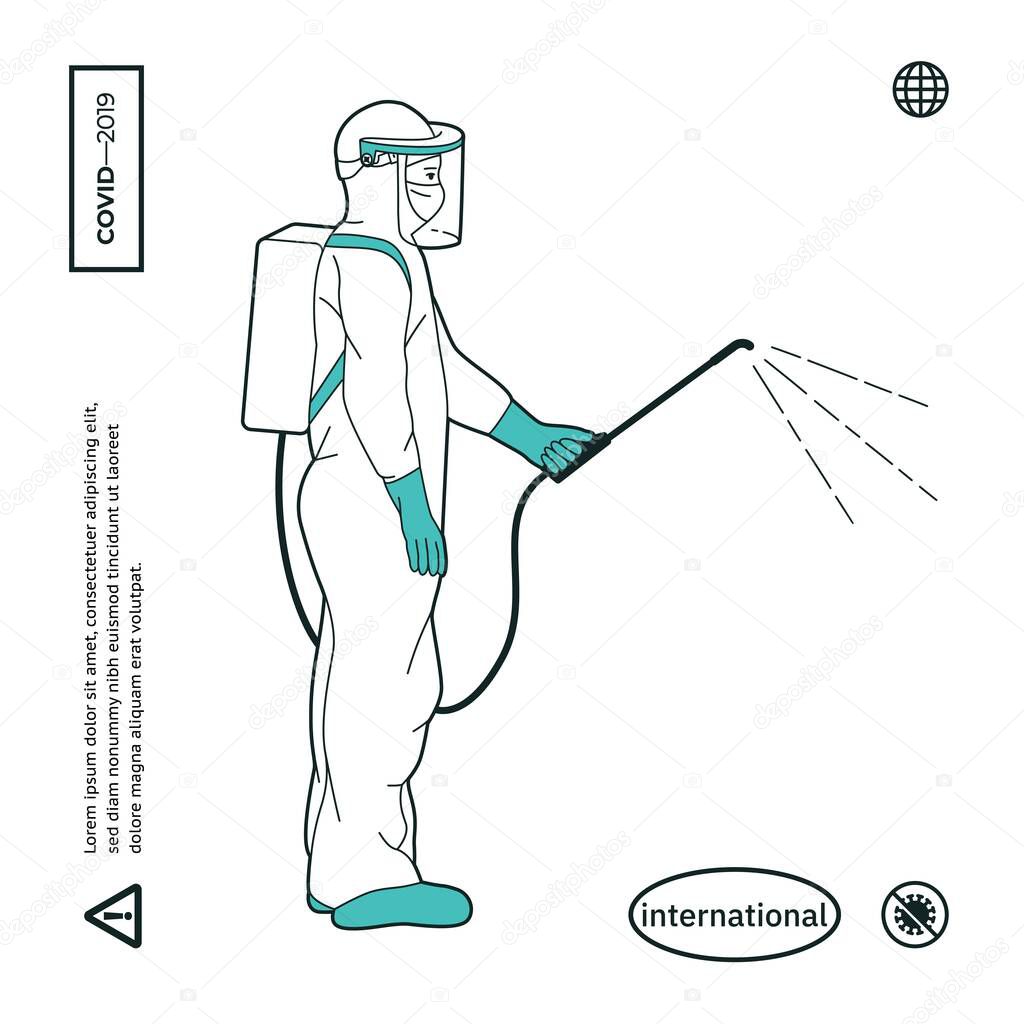 Man in Protective Suit or Clothing, Spray to Cleaning and Disinfect Virus, Covid-19, Coronavirus Disease, Preventive Measures. Line art modern illustration.