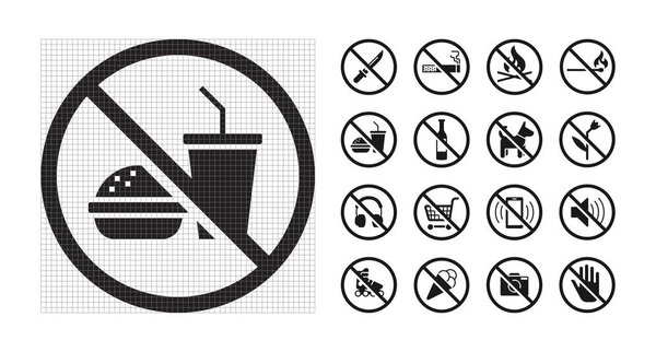 High quality prohibition signs collection isolated on white. City public signs. Monochrome, one color, in one paint, black and white. Shop navigation.