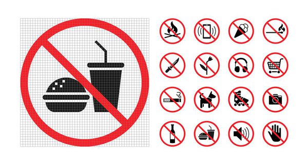 High quality prohibition signs collection isolated on white. City public and Shop signs.