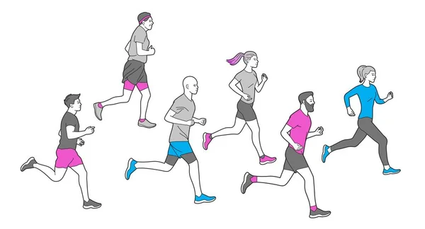 跑步者群策群力 跑步的男人和女人的体育背景 人赛跑 马拉松训练 跑步等 不同性别和年龄的马拉松选手 — 图库矢量图片