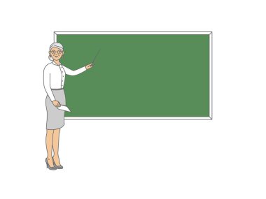 Sınıfta tahtada ders alan yaşlı bir bayan öğretmen. İşaretçi ile öğretmen, gemide öğretmen görünüyor. Vektör illüstrasyonu