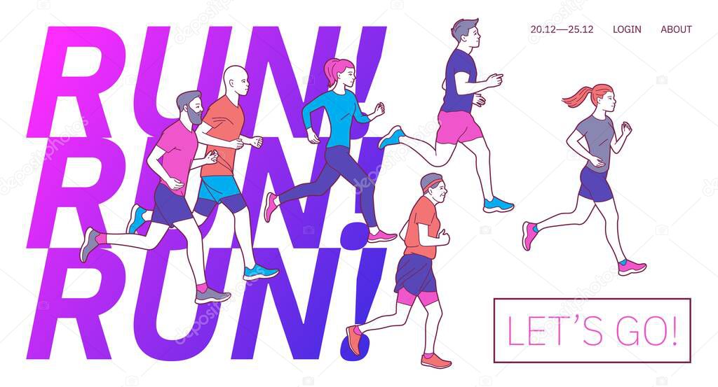 Marathon, many running people, flyer, or landing template.