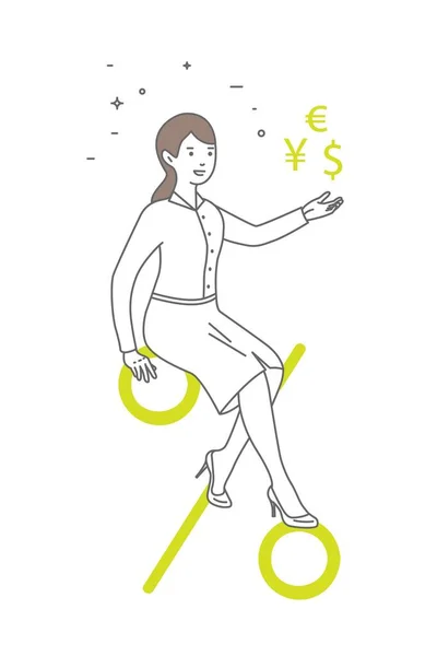 Mujer Con Signo Porcentaje Trading Ilustración Arte Línea Vectorial — Vector de stock