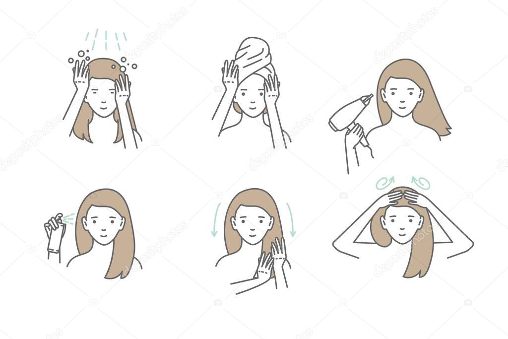 Woman take care about her hair. Steps how to apply hair mask. Vector isolated illustrations set.