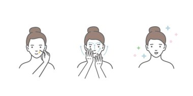 Kadın yüzle ilgilenir. Yüz serumunu nasıl uygulayacağını biliyor. Çizgi vektör çizimi beyaz arkaplanda izole edildi.