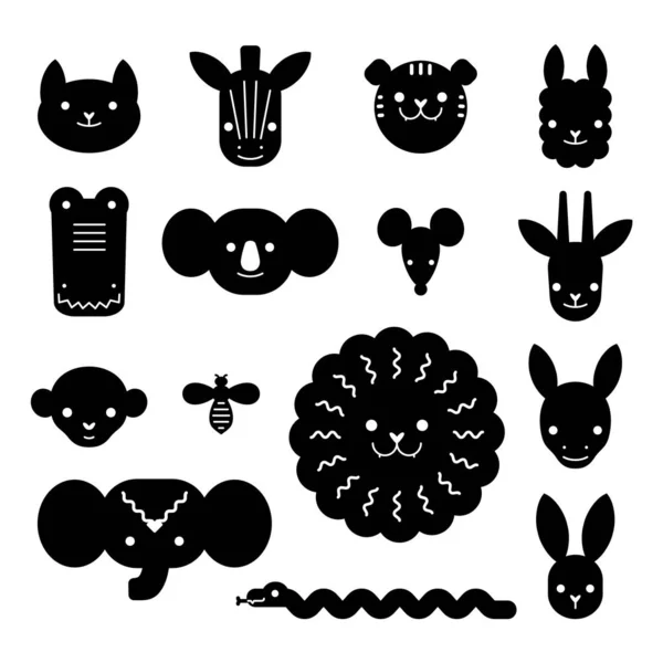 Cartoon Animal Heads Bundle Modern Concept Flat Design Kids Cards — Stock Vector