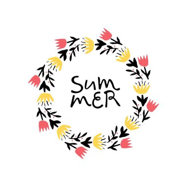 Merhaba Summer, modern el çizimi taslak ve şablon için el yazması yazması çizimler. Vektör illüstrasyonu