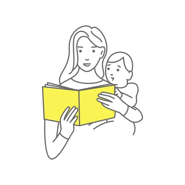 Mother Reading Book Baby Line Art Illustration — Stock Vector