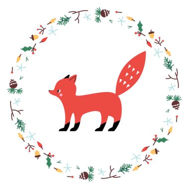 Şirin Tilki. Vektör çizimi. Minimalist tasarım, çocuk resmi. Giysiler, yemekler vs. için yazdır