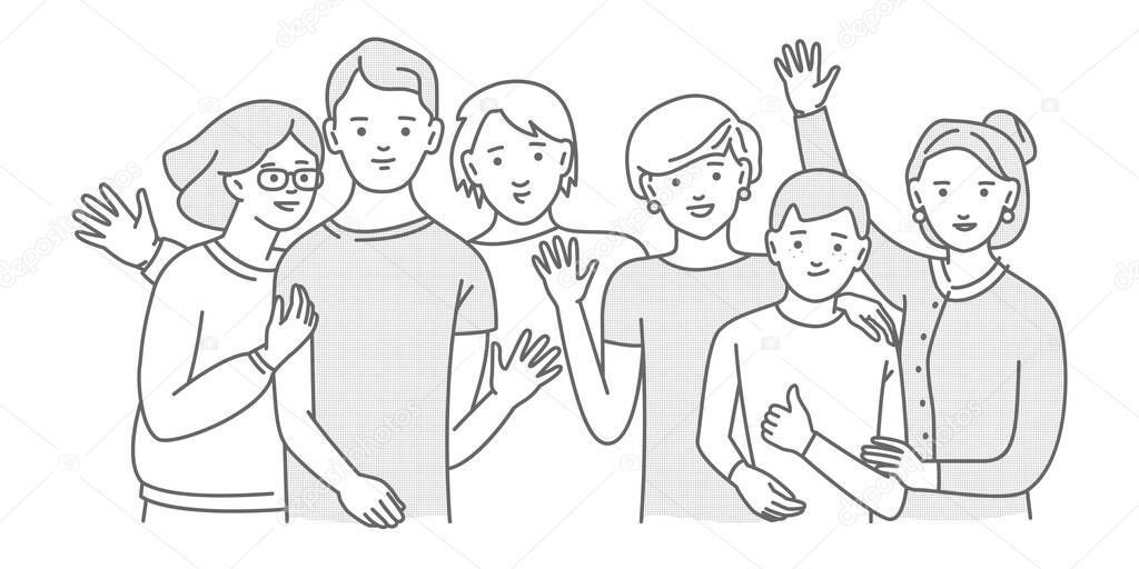 Group of smiling teenage boys and girls or friends standing together, embracing each other, waving hands. Happy students isolated on white background. One colour line art cartoon vector illustration.