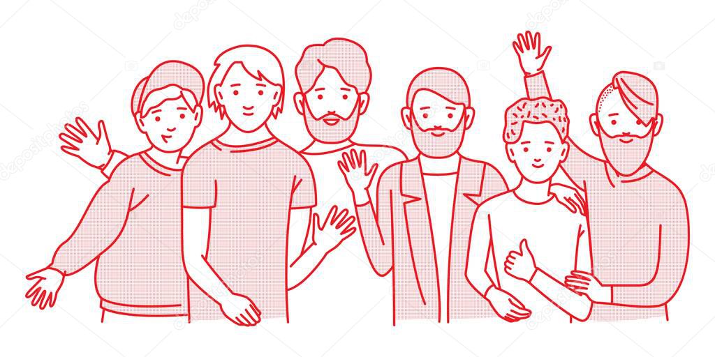Group of smiling teenage boys, friends standing together, embracing each other, waving hands. Happy students isolated on white background. One colour line art cartoon vector illustration.