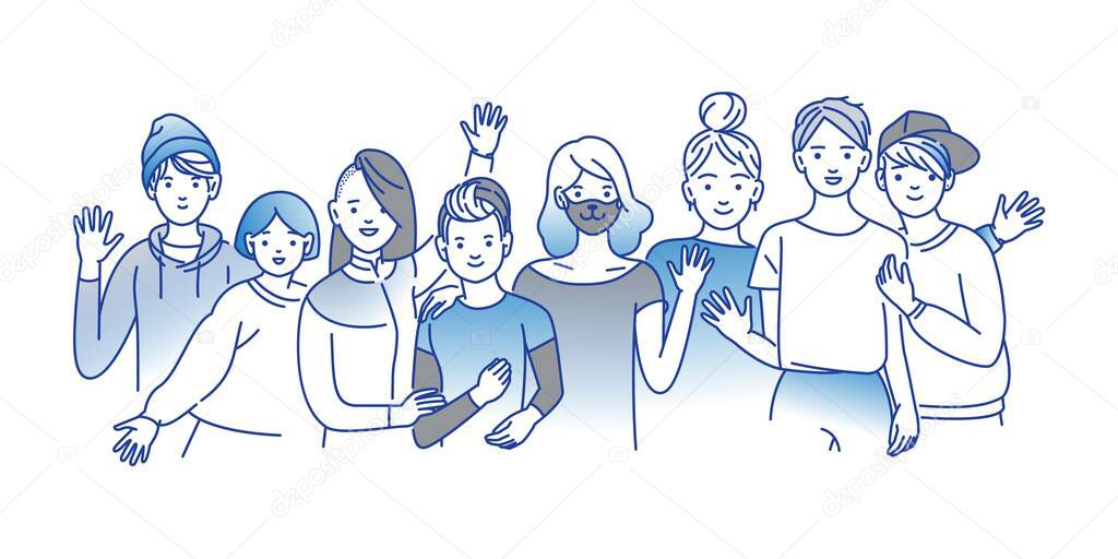 Group of smiling teenage boys and girls or friends standing together, embracing each other, waving hands. Happy students isolated on white background. One colour line art cartoon vector illustration.