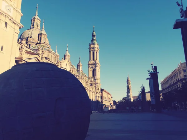 De basiliek van de pijler Panorama Zaragoza Spanje — Stockfoto