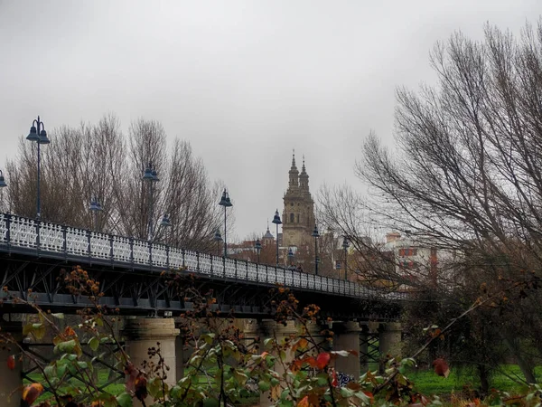 鉄橋とログローニョ スペインの大聖堂の塔 — ストック写真