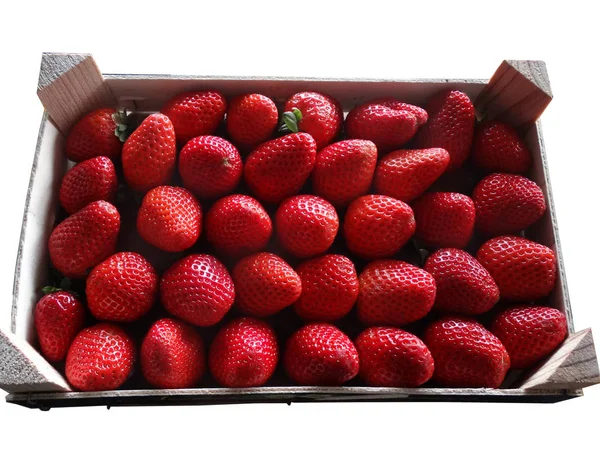 Strawberries Aligned Wood Box Healthy Food Sell — Stock Photo, Image