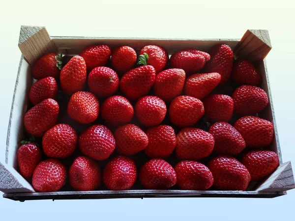 Strawberries Aligned Wood Box Healthy Food Sell — Stock Photo, Image