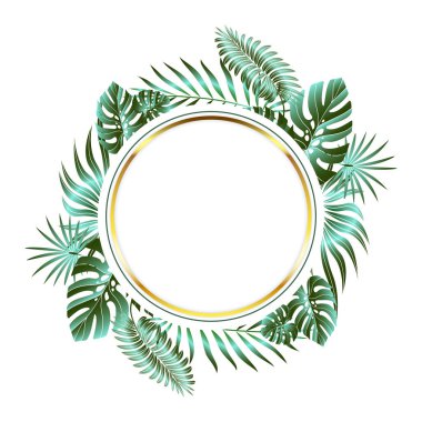 Tropik yaprak bileşimi. Kartpostal, etiket, web tasarımı veya sosyal ağlarda paylaşım için orman yaprağı tasarımı. Cennet doğa unsuru. Beyaz arkaplanda izole edilmiş botanik vektör çizimi.