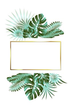 Tropik yaprak bileşimi. Kartpostal, etiket, web tasarımı veya sosyal ağlarda paylaşım için orman yaprağı tasarımı. Cennet doğa unsuru. Beyaz arkaplanda izole edilmiş botanik vektör çizimi.