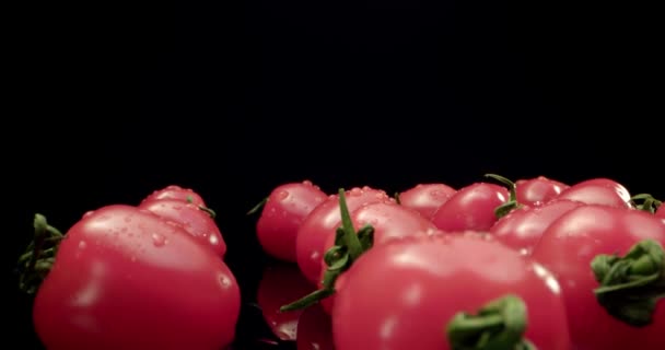 Fresco vermelho coquetel tomates HQ super macro close-up com fundo escuro exclusivo de alta resolução 4k atirar Voar sobre — Vídeo de Stock