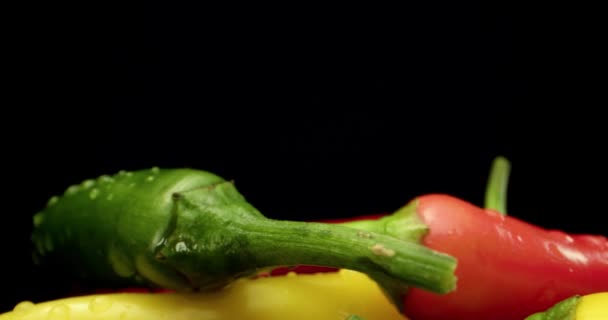 Poivre épicé rouge jaune vert frais chili paprika nourriture 4k hq super macro gros plan — Video