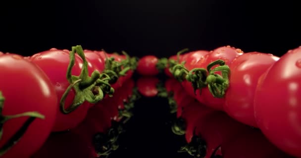 Frische rote Cocktailtomaten HQ Super-Makro-Nahaufnahme mit dunklem Hintergrund einzigartig hochauflösendes 4k-Shooting Überfliegen — Stockvideo