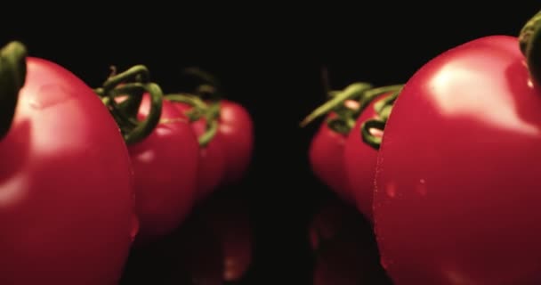 Świeże czerwone pomidory koktajlowe HQ super makro zbliżenie z ciemnym tle unikalny wysokiej rozdzielczości 4k pędu Leć nad — Wideo stockowe