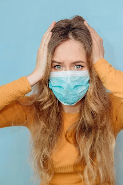 Portrait Close Girl Blue Background Woman Holding Her Head Headache — Stock Photo, Image