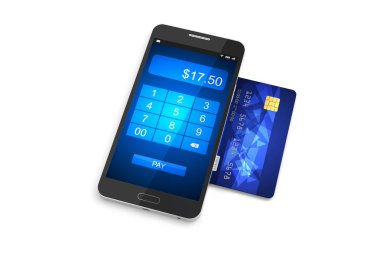 Mobil ödeme kavramı, kredi kartı ile akıllı telefon. 3D çizim
