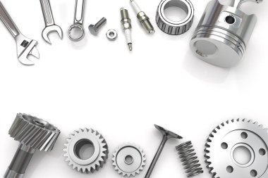 Fo araçları ve dişli ayarlamak beyaz arka plan, motor piston, çalışma araçları. 3D çizim