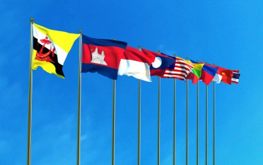 ASEAN ekonomi topluluğu bayrakları mavi gökyüzü arka plan üzerinde. 3D çizim