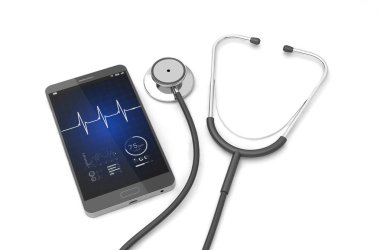 Stetoskop ile smartphone beyaz arka plan üzerinde. 3D çizim