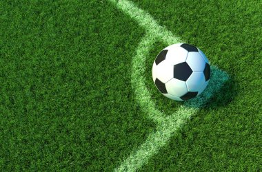 Futbol topu futbol alanı .3d illüstrasyon köşesinde yeşil çimenlerin üzerinde