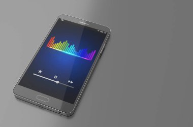 Smartphone ile müzik ekolayzer bar üstünde perde. 3D çizim