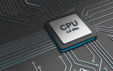 Merkez bilgisayar işlemcileri, Cpu bilgisayar teknolojisi, elektronik kavramı. 3D çizim