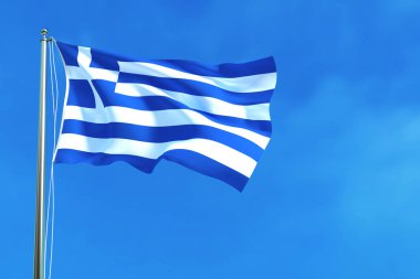 Yunanistan bayrağı mavi gökyüzü arka plan üzerinde. 3D çizim